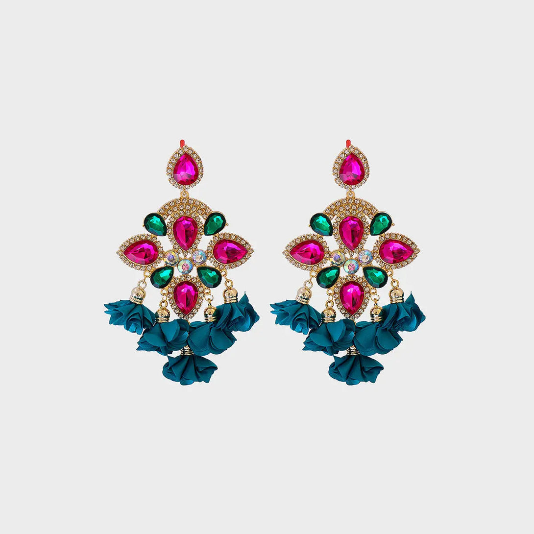 Lovcia Flower Shape Rhinestone Alloy Dangle Earrings-Earrings-Deep Teal-One Size-Deep Teal