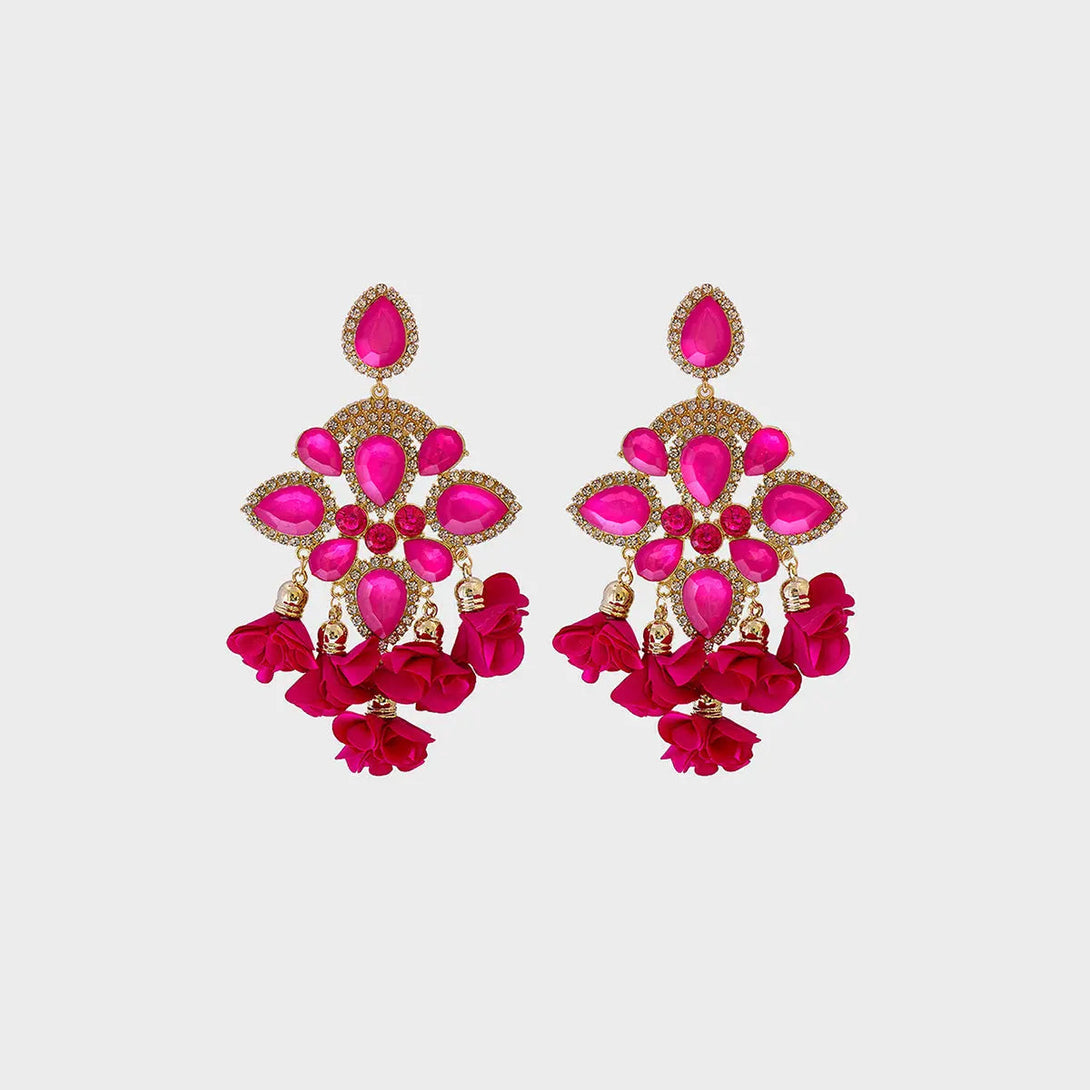 Lovcia Flower Shape Rhinestone Alloy Dangle Earrings-Earrings-Fuchsia Pink-One Size-Fuchsia Pink