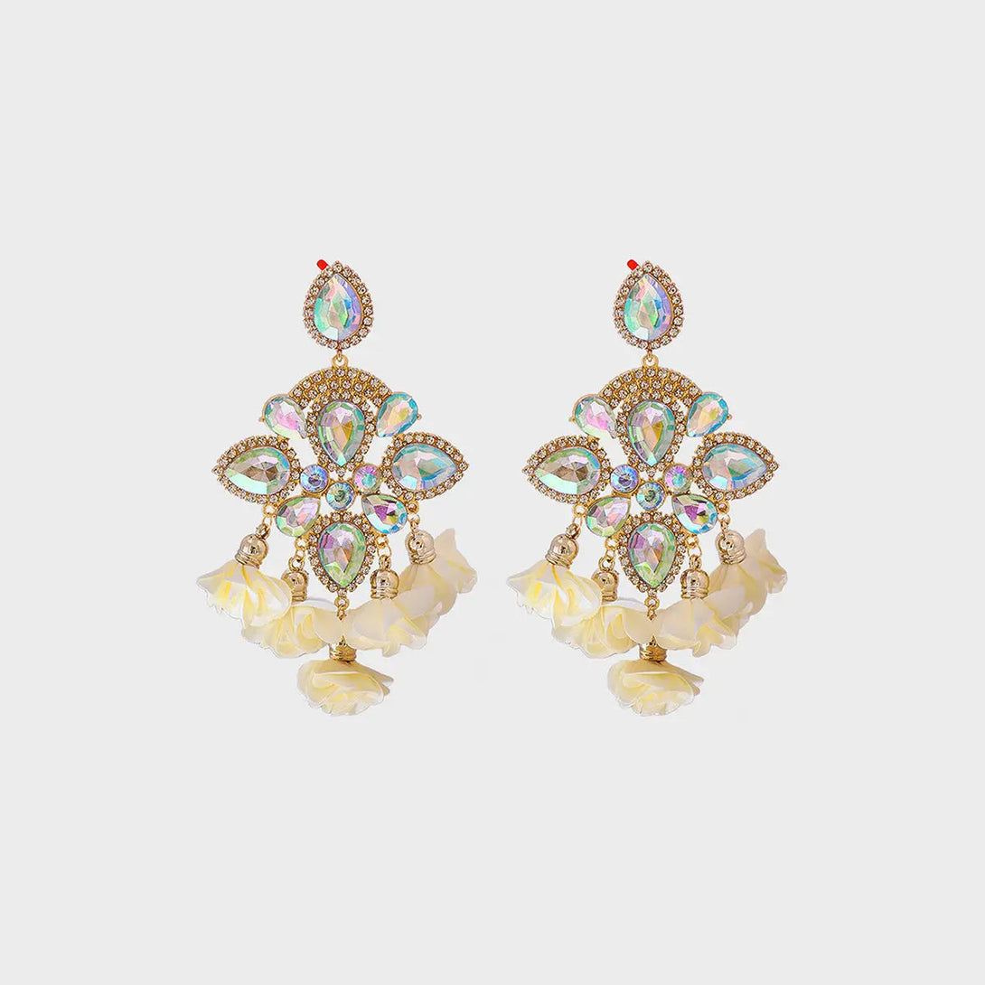 Lovcia Flower Shape Rhinestone Alloy Dangle Earrings-Earrings-Ivory-One Size-Ivory