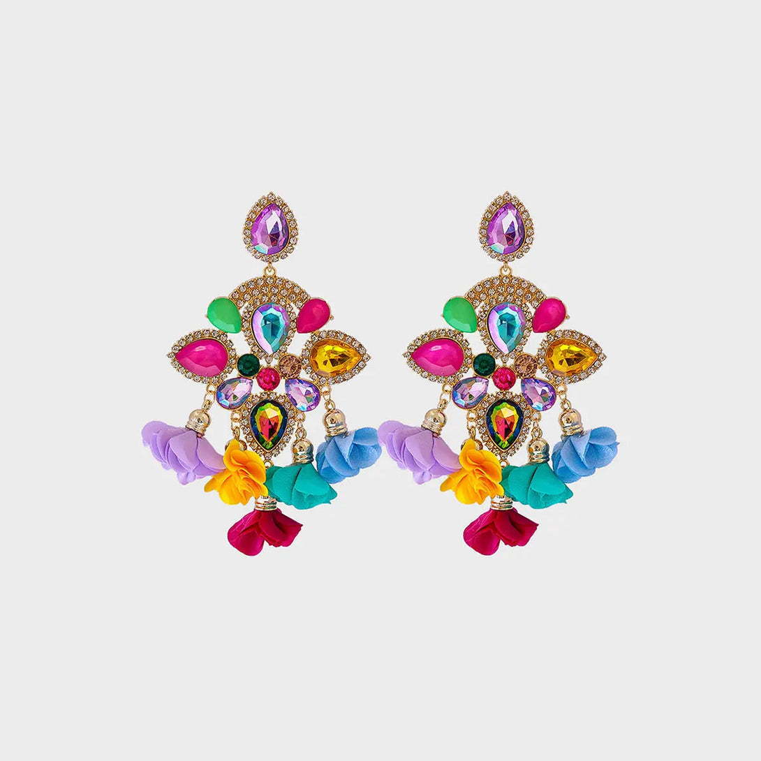 Lovcia Flower Shape Rhinestone Alloy Dangle Earrings-Earrings-Multicolor-One Size-Multicolor