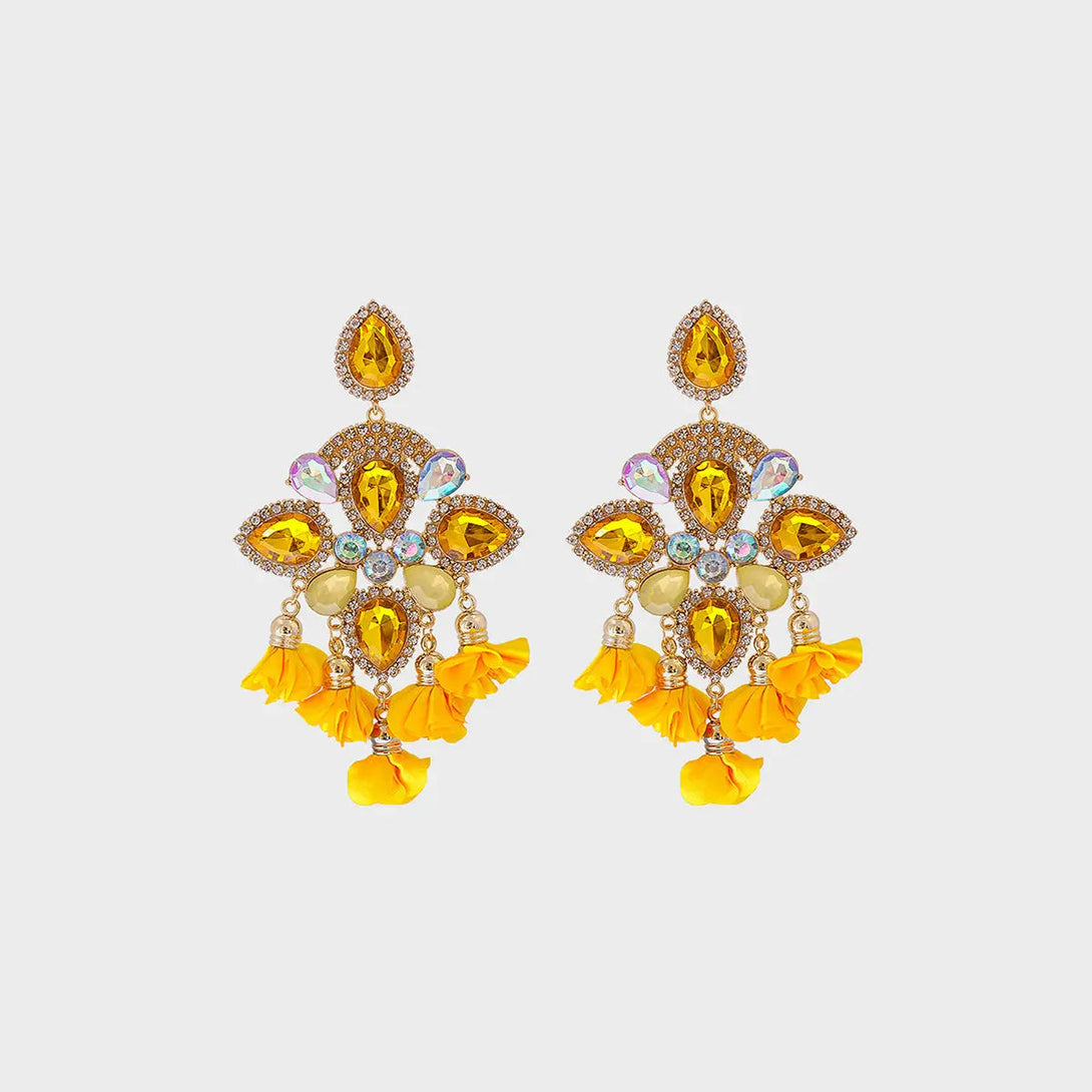 Lovcia Flower Shape Rhinestone Alloy Dangle Earrings-Earrings-Mustard-One Size-Mustard