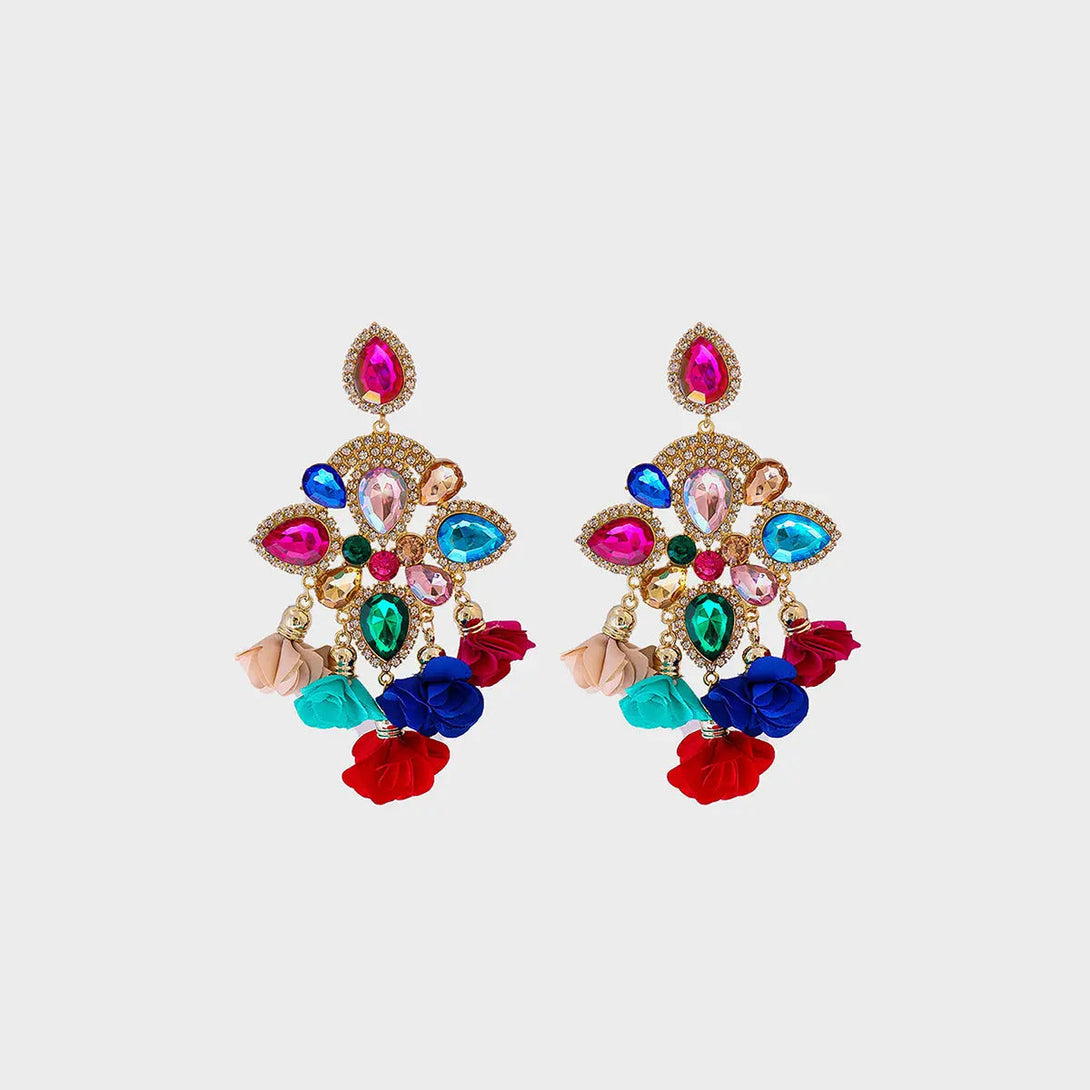 Lovcia Flower Shape Rhinestone Alloy Dangle Earrings-Earrings-Navy-One Size-Navy