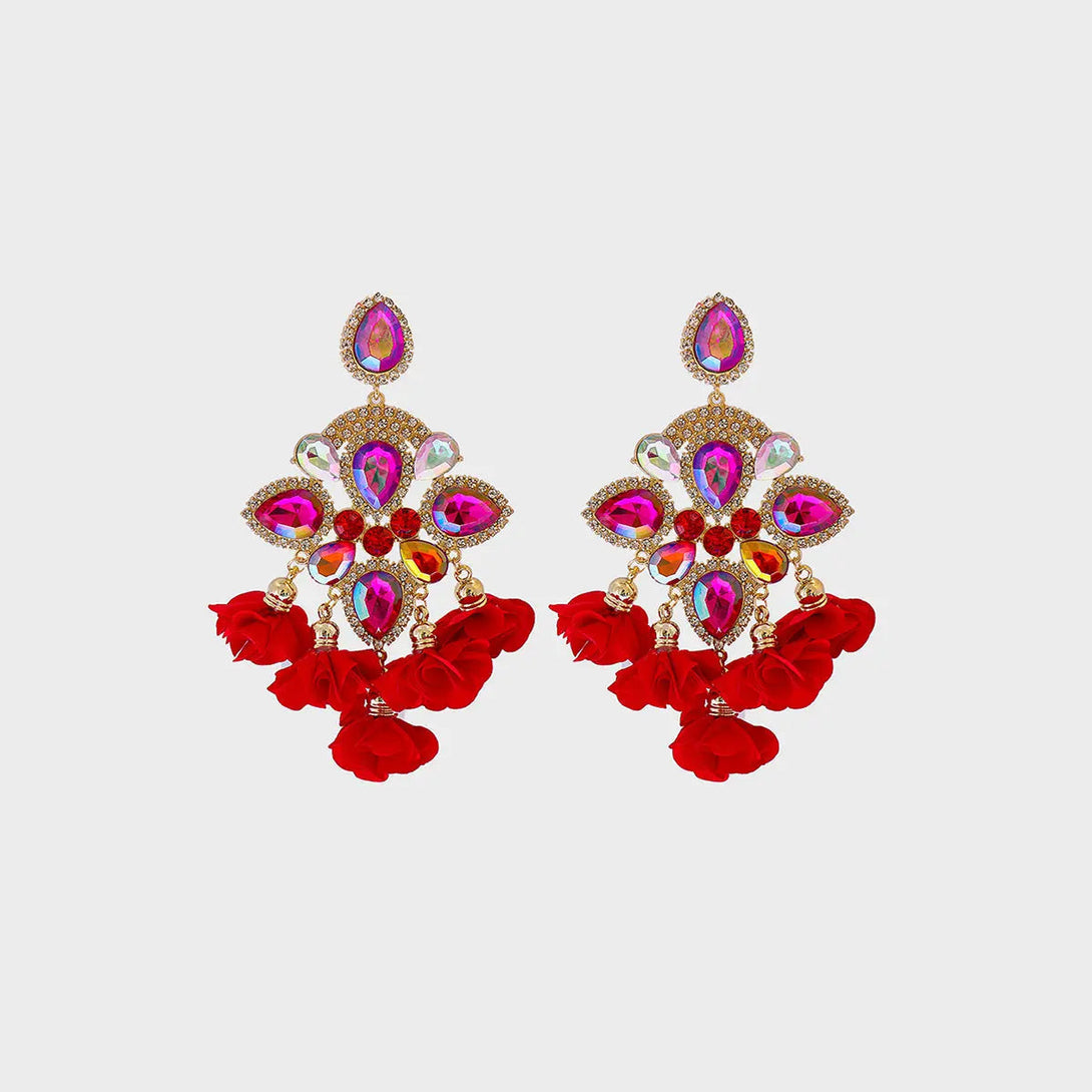 Lovcia Flower Shape Rhinestone Alloy Dangle Earrings-Earrings-Red-One Size-Red