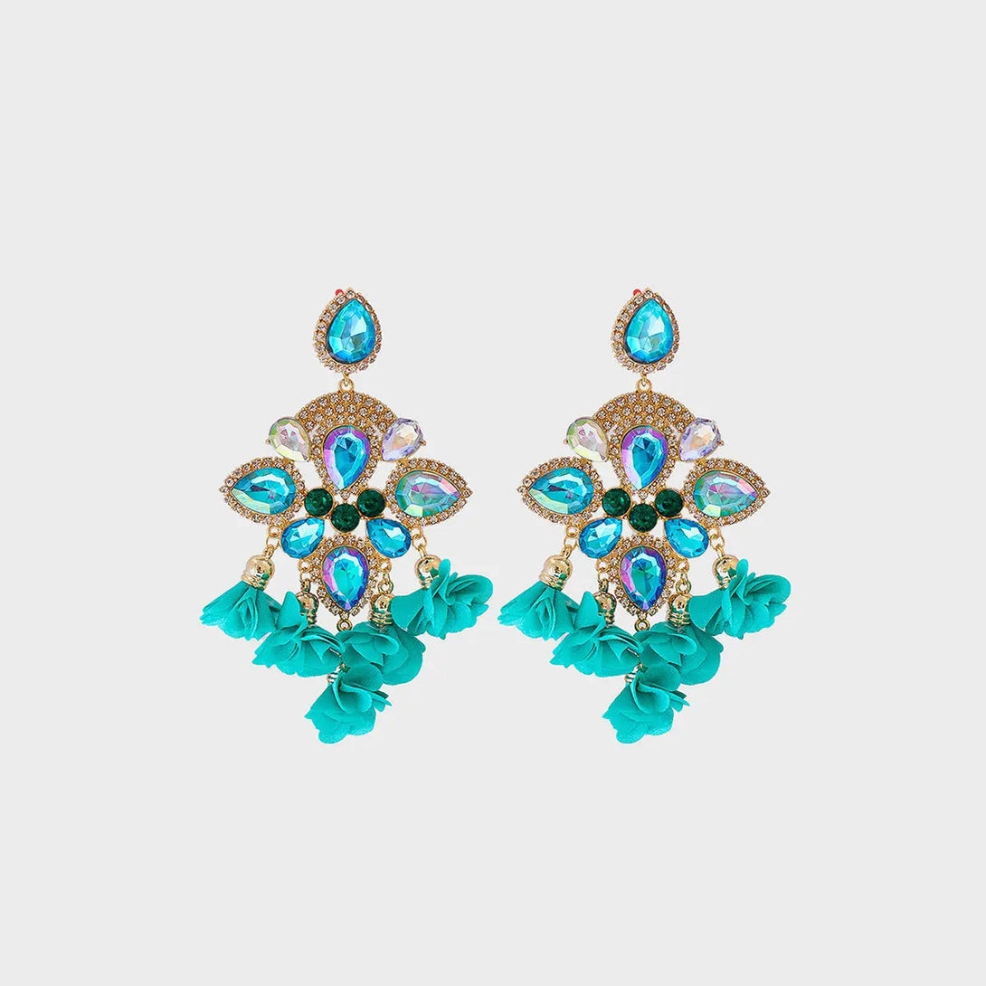 Lovcia Flower Shape Rhinestone Alloy Dangle Earrings-Earrings-Teal-One Size-Teal