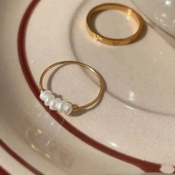Lovcia French Natural Baroque Small Pearl Thin Titanium Steel Ring-Rings-Gold-Size 6-Gold