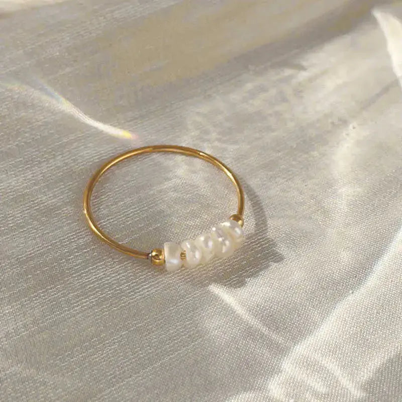 Lovcia French Natural Baroque Small Pearl Thin Titanium Steel Ring-Rings-Gold-Size 6-Gold