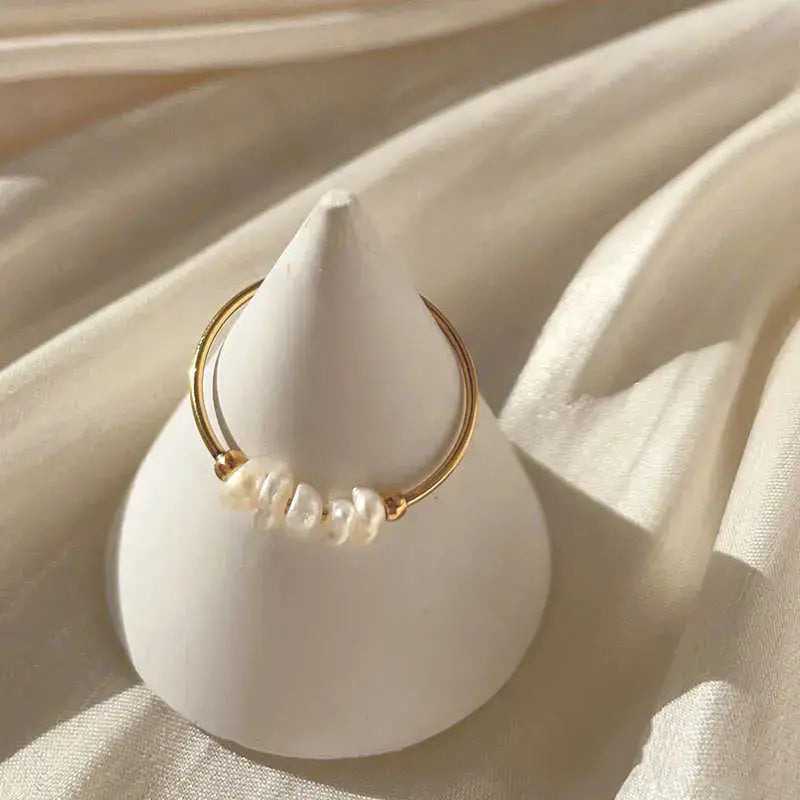 Lovcia French Natural Baroque Small Pearl Thin Titanium Steel Ring-Rings-Gold-Size 6-Gold