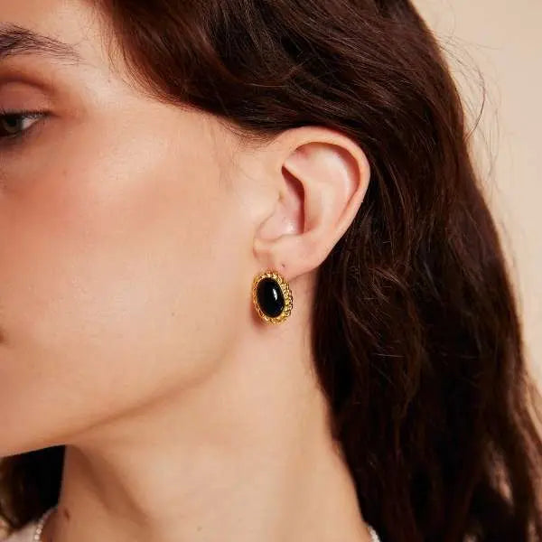 Lovcia French Vintage S925 Silver & Gold-Plated Oval Earrings with Agate and White Shell-Earrings-Black Agate-925 Silver-Black Agate