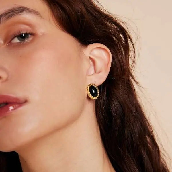 Lovcia French Vintage S925 Silver & Gold-Plated Oval Earrings with Agate and White Shell-Earrings-Black Agate-925 Silver-Black Agate