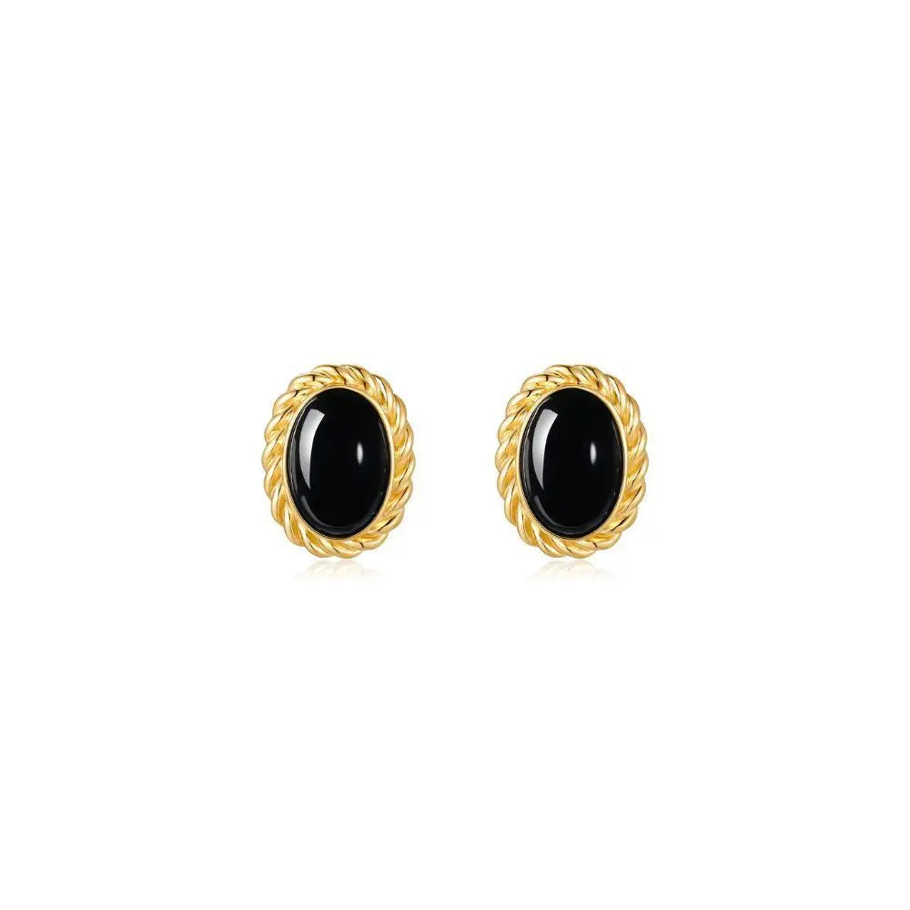 Lovcia French Vintage S925 Silver & Gold-Plated Oval Earrings with Agate and White Shell-Earrings-Black Agate-925 Silver-Black Agate
