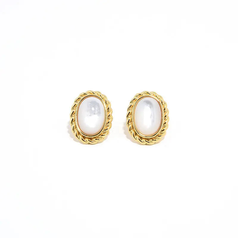 Lovcia French Vintage S925 Silver & Gold-Plated Oval Earrings with Agate and White Shell-Earrings-White Shell-925 Silver-White Shell