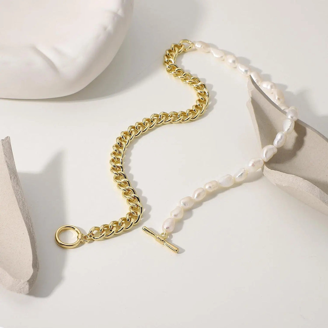 Lovcia Freshwater Pearl OT Buckle Splicing Titanium Steel Metal Chain Necklace for Women-Necklaces-Stitching Necklace-Stitching Necklace