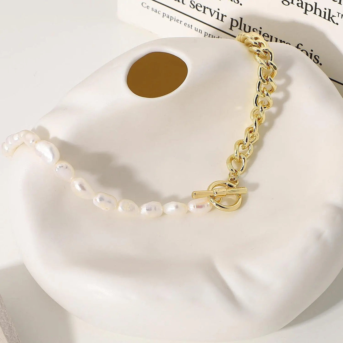 Lovcia Freshwater Pearl OT Buckle Splicing Titanium Steel Metal Chain Necklace for Women-Necklaces-Stitching Necklace-Stitching Necklace