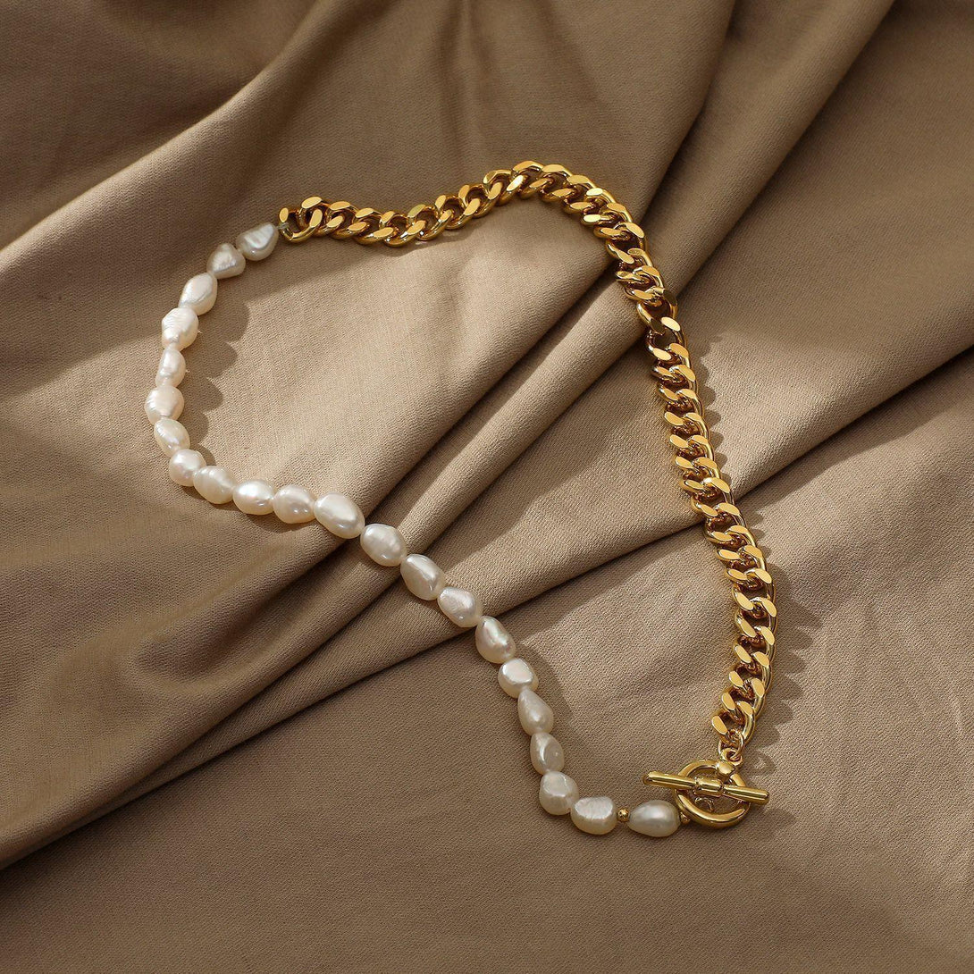 Lovcia Freshwater Pearl OT Buckle Splicing Titanium Steel Metal Chain Necklace for Women-Necklaces-Stitching Necklace-Stitching Necklace