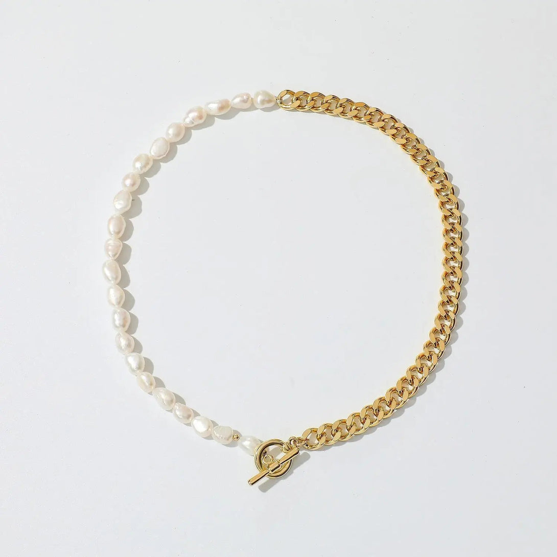 Lovcia Freshwater Pearl OT Buckle Splicing Titanium Steel Metal Chain Necklace for Women-Necklaces-Stitching Necklace-Stitching Necklace