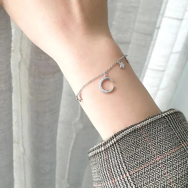 Lovcia Friends' CZ Crescent Moon Stars 925 Sterling Silver Bracelet-Bracelets-14K Yellow Gold-14K Yellow Gold
