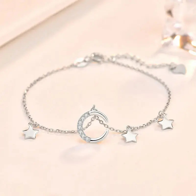 Lovcia Friends' CZ Crescent Moon Stars 925 Sterling Silver Bracelet-Bracelets-14K Yellow Gold-14K Yellow Gold