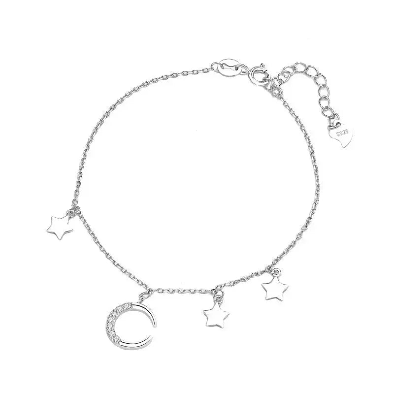 Lovcia Friends' CZ Crescent Moon Stars 925 Sterling Silver Bracelet-Bracelets-14K Yellow Gold-14K Yellow Gold