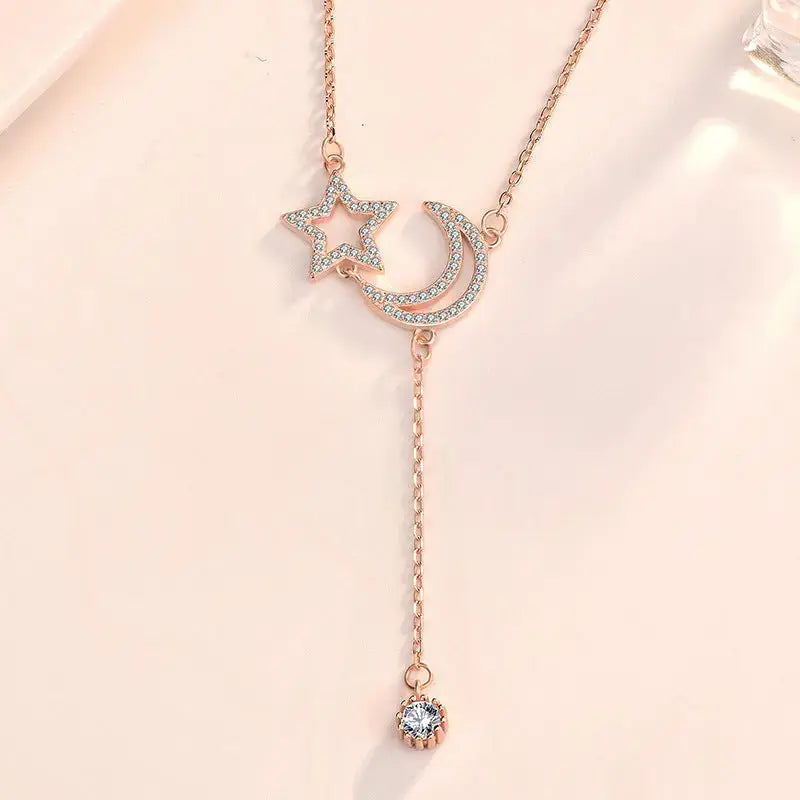 Lovcia Friend's CZ Hollow Crescent Moon Star Tassels 925 Sterling Silver Necklace-Necklaces-Rose Gold-Rose Gold