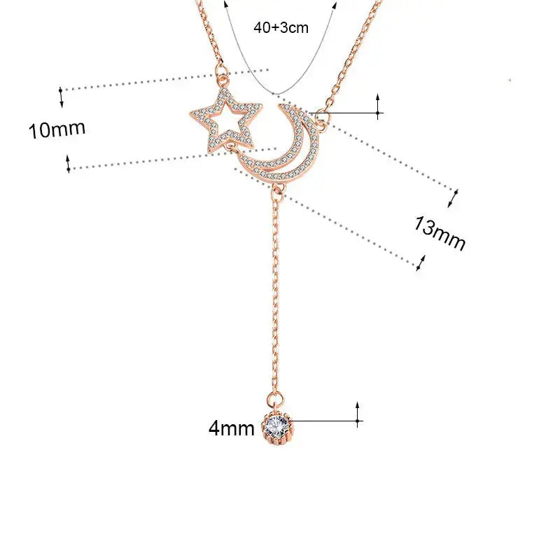 Lovcia Friend's CZ Hollow Crescent Moon Star Tassels 925 Sterling Silver Necklace-Necklaces-Rose Gold-Rose Gold