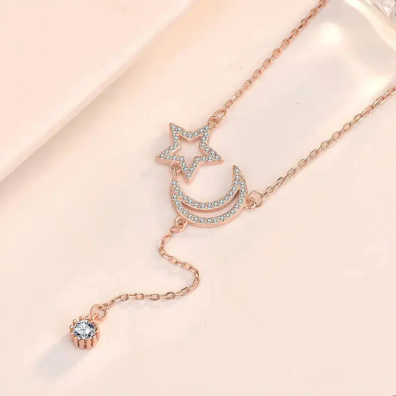 Lovcia Friend's CZ Hollow Crescent Moon Star Tassels 925 Sterling Silver Necklace-Necklaces-Rose Gold-Rose Gold
