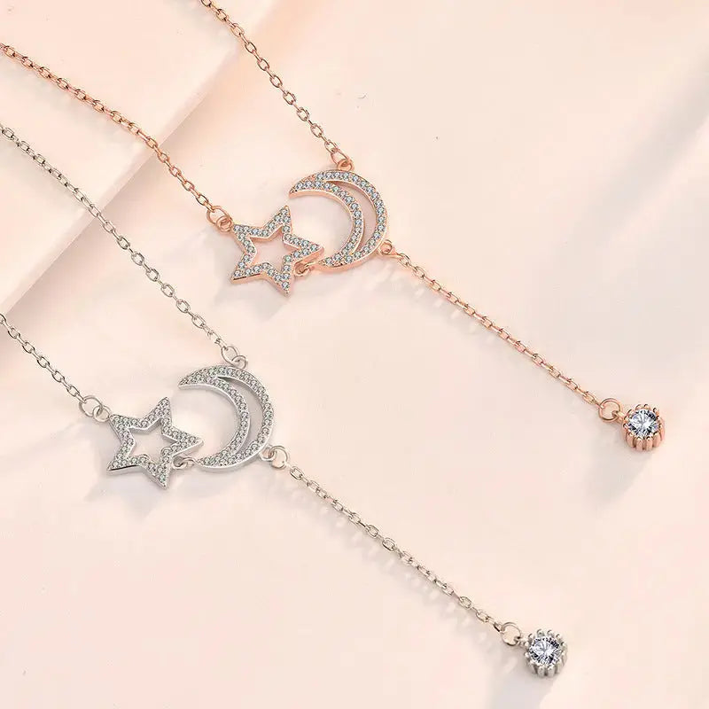 Lovcia Friend's CZ Hollow Crescent Moon Star Tassels 925 Sterling Silver Necklace-Necklaces-Rose Gold-Rose Gold
