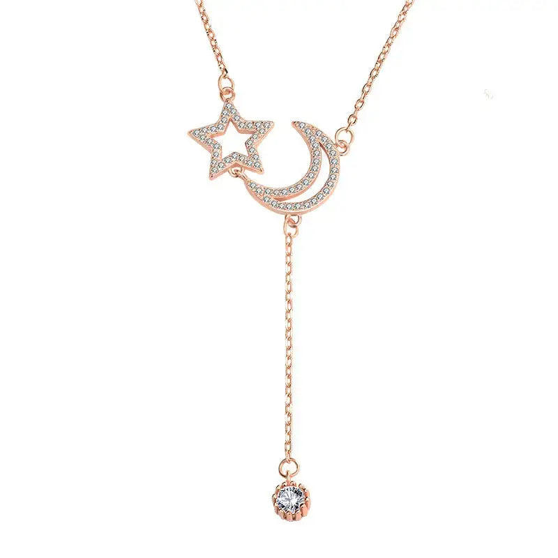 Lovcia Friend's CZ Hollow Crescent Moon Star Tassels 925 Sterling Silver Necklace-Necklaces-Rose Gold-Rose Gold