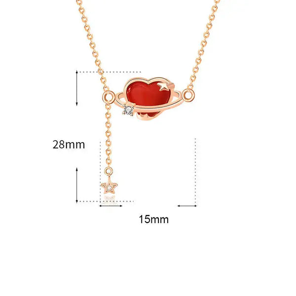 Lovcia Friends' Red CZ Heart Planet 925 Sterling Silver Necklace-Necklaces-Rose Gold-Rose Gold