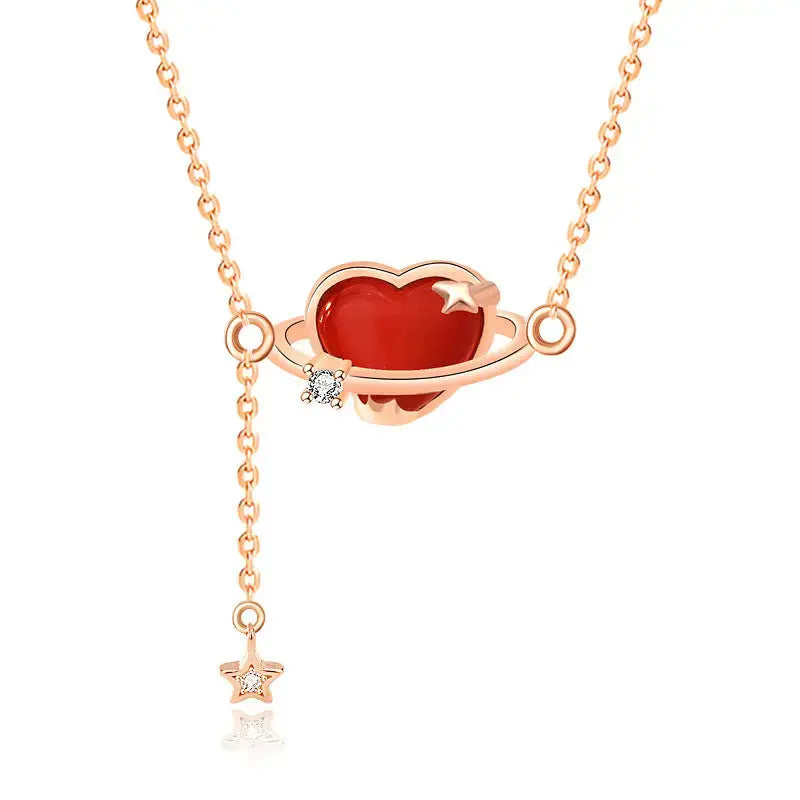 Lovcia Friends' Red CZ Heart Planet 925 Sterling Silver Necklace-Necklaces-Rose Gold-Rose Gold