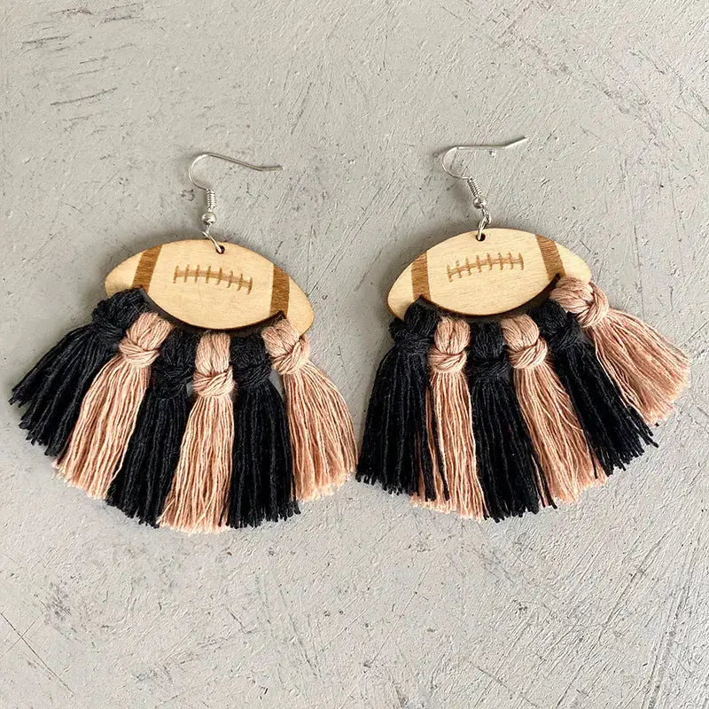 Lovcia Fringe Detail Football Shape Wooden Dangle Earrings-Earrings-Black/Peach-One Size-Black/Peach