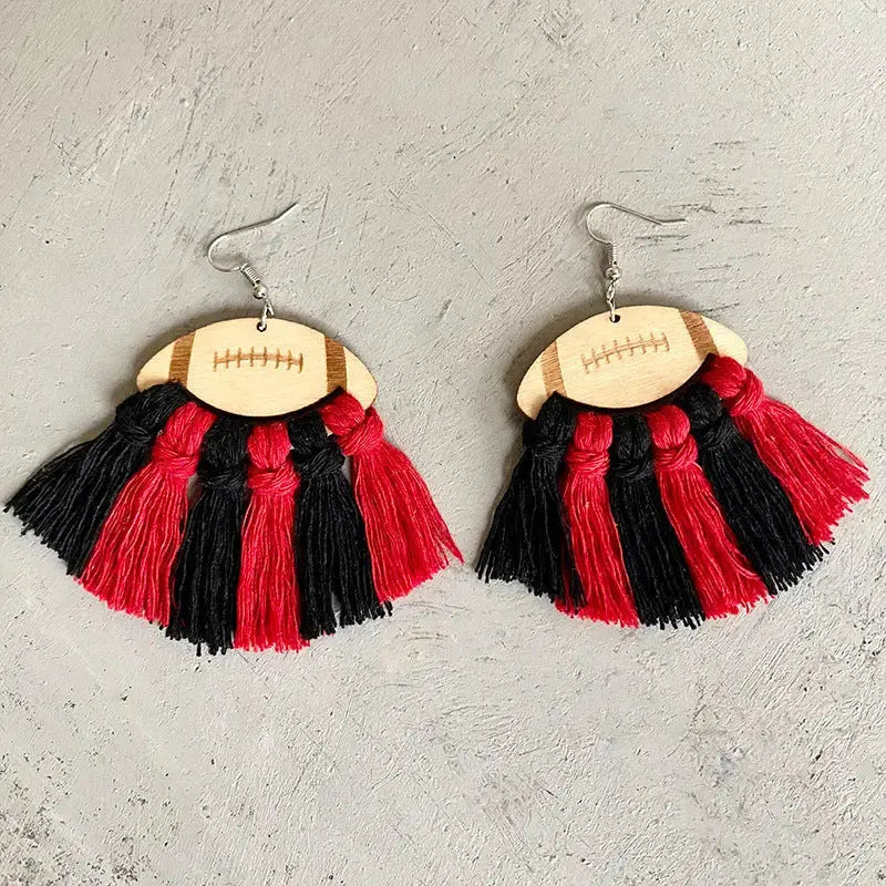 Lovcia Fringe Detail Football Shape Wooden Dangle Earrings-Earrings-Black/Red-One Size-Black/Red