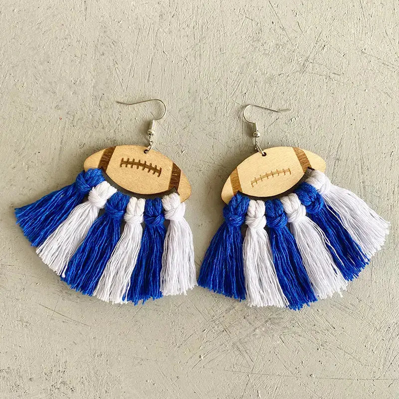 Lovcia Fringe Detail Football Shape Wooden Dangle Earrings-Earrings-Blue/White-One Size-Blue/White