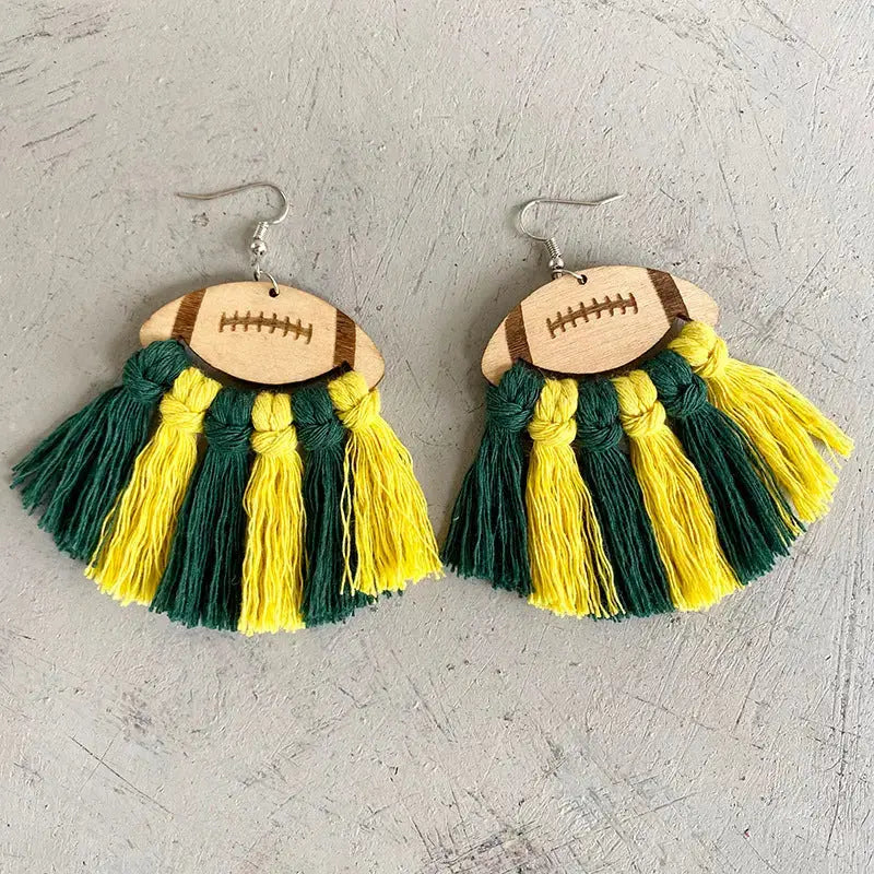 Lovcia Fringe Detail Football Shape Wooden Dangle Earrings-Earrings-Green/Yellow-One Size-Green/Yellow