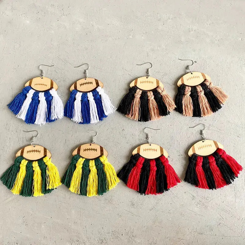 Lovcia Fringe Detail Football Shape Wooden Dangle Earrings-Earrings-Green/Yellow-One Size-Green/Yellow