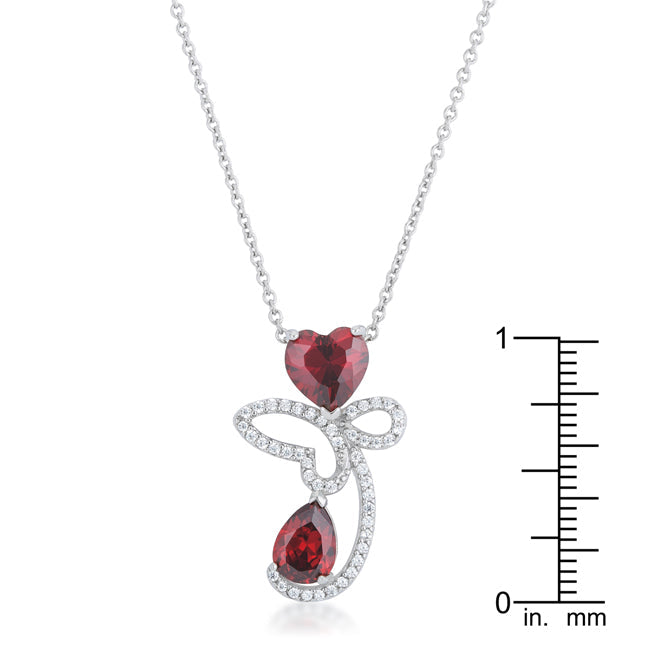 Lovcia Garnet CZ Heart Drop Necklace with Rhodium Finish in Abstract Design-Necklaces-