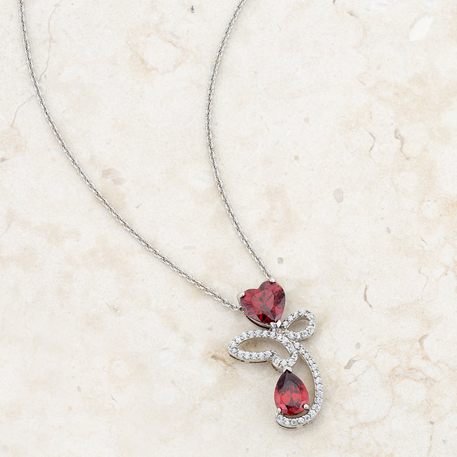 Lovcia Garnet CZ Heart Drop Necklace with Rhodium Finish in Abstract Design-Necklaces-