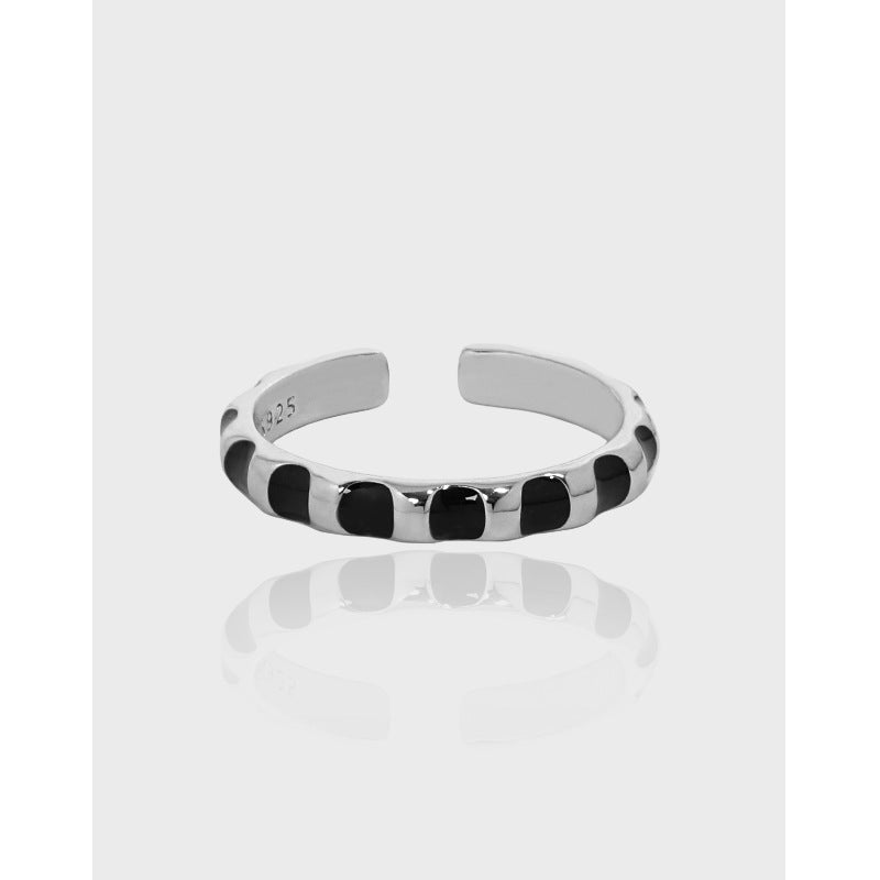 Lovcia Geometry Black Epoxy Spots Ring 925 Sterling Silver-Rings-Rhodium-Rhodium