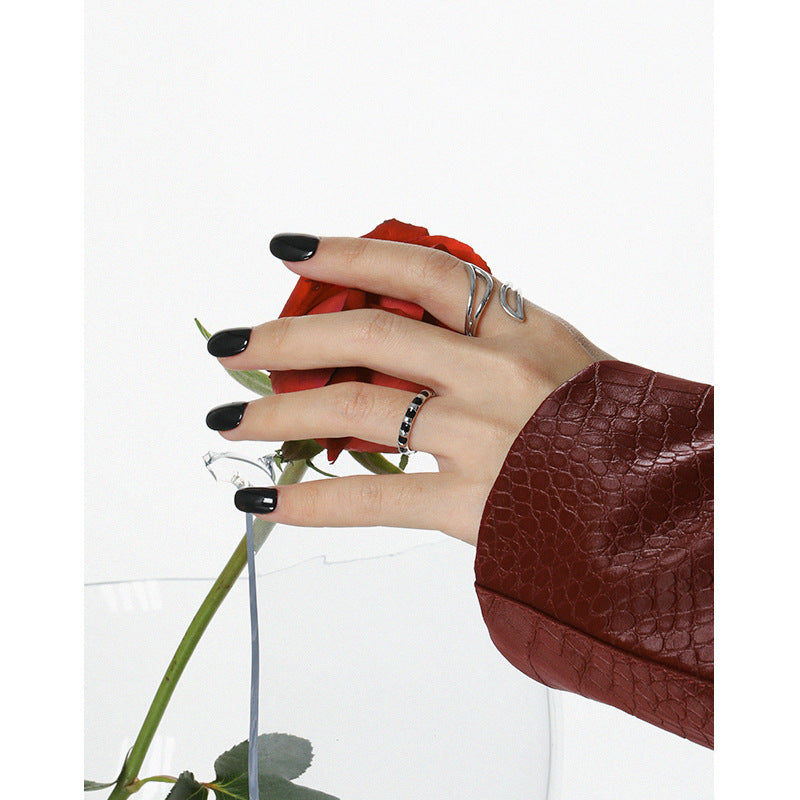 Lovcia Geometry Black Epoxy Spots Ring 925 Sterling Silver-Rings-Rhodium-Rhodium