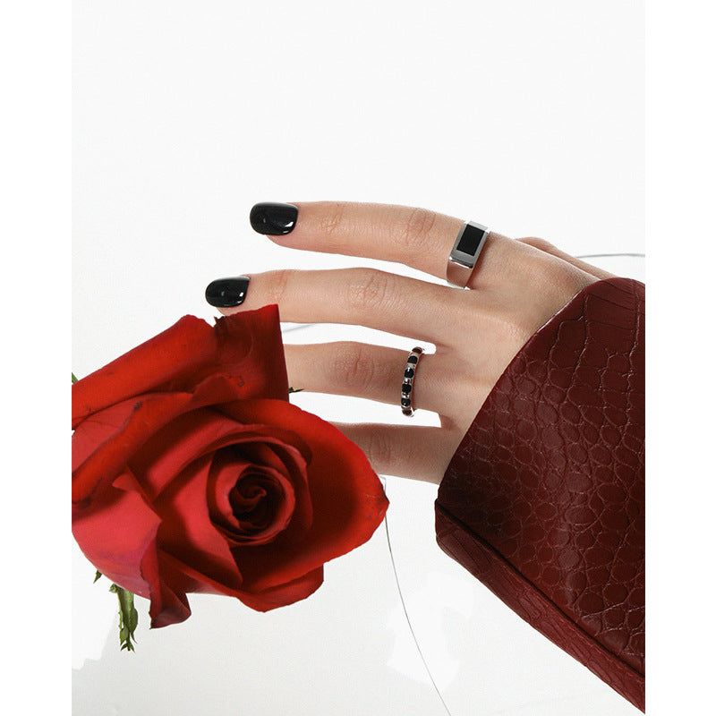 Lovcia Geometry Black Epoxy Spots Ring 925 Sterling Silver-Rings-Rhodium-Rhodium
