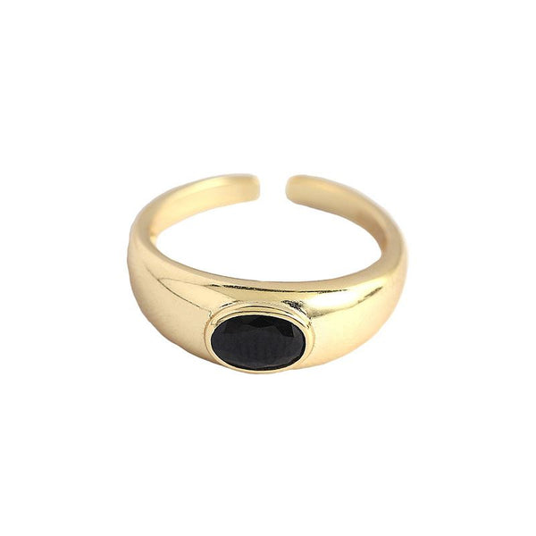 Lovcia Geometry Black Oval Agate Adjustable Ring Gold Tone-Rings-Silver-Silver