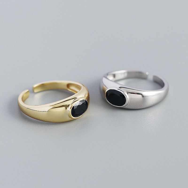 Lovcia Geometry Black Oval Agate Adjustable Ring Gold Tone-Rings-Silver-Silver