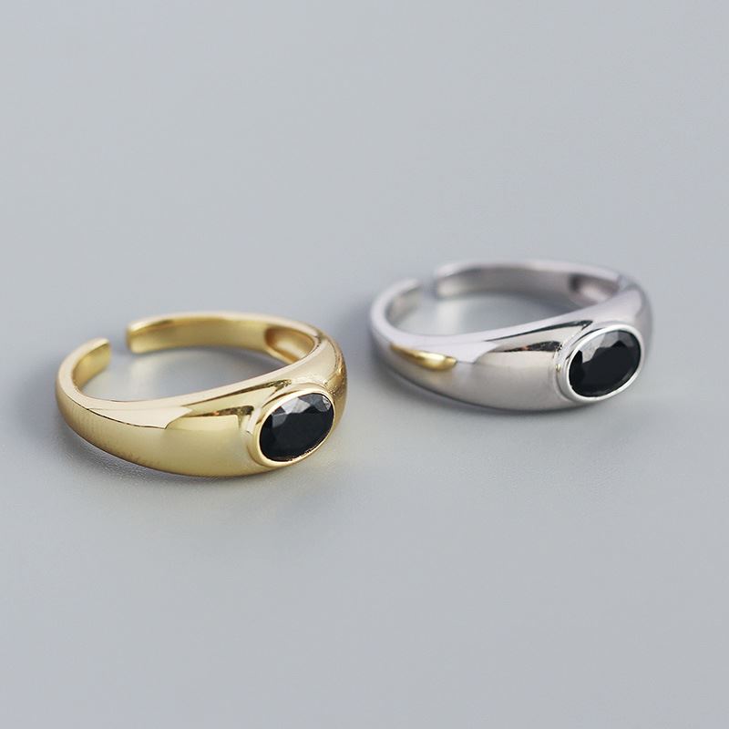 Lovcia Geometry Black Oval Agate Adjustable Ring Gold Tone-Rings-Silver-Silver