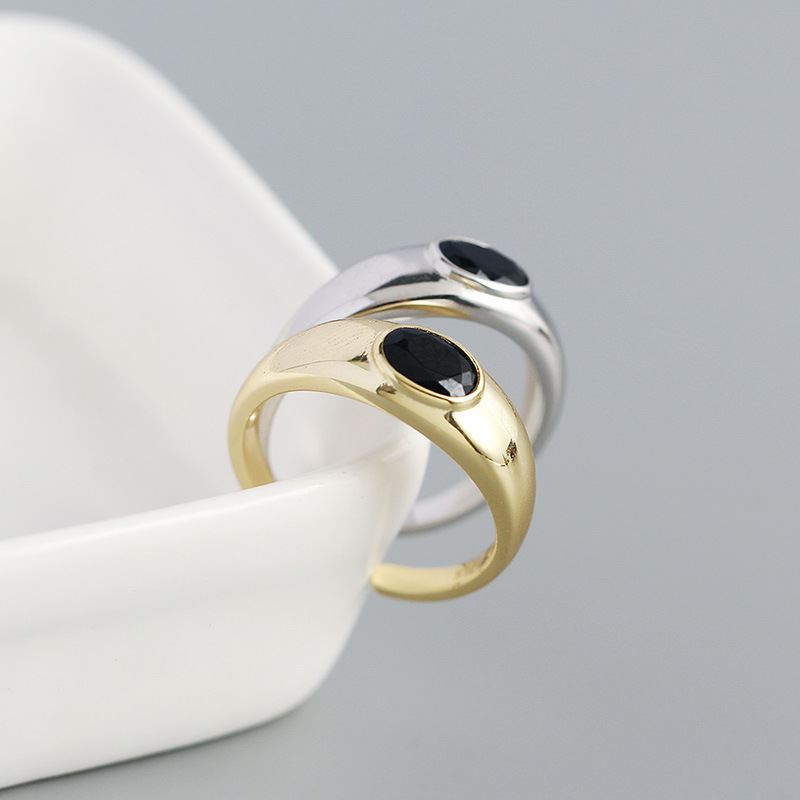 Lovcia Geometry Black Oval Agate Adjustable Ring Gold Tone-Rings-Silver-Silver