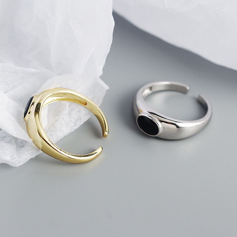 Lovcia Geometry Black Oval Agate Adjustable Ring Gold Tone-Rings-Silver-Silver