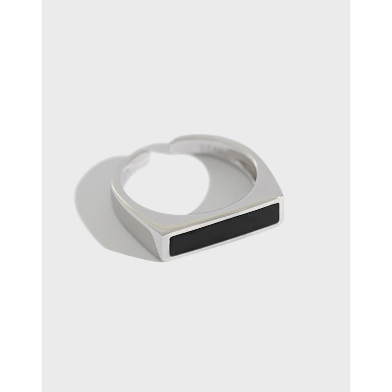 Lovcia Geometry Black Rectangle Silver Adjustable Ring-Rings-Rhodium-Rhodium