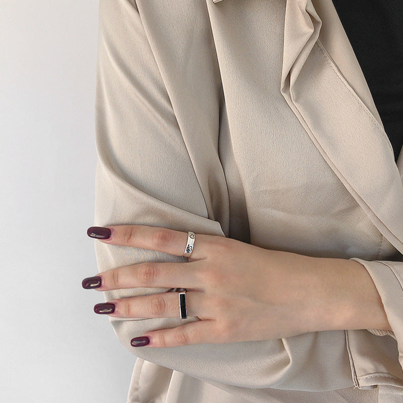 Lovcia Geometry Black Rectangle Silver Adjustable Ring-Rings-Rhodium-Rhodium