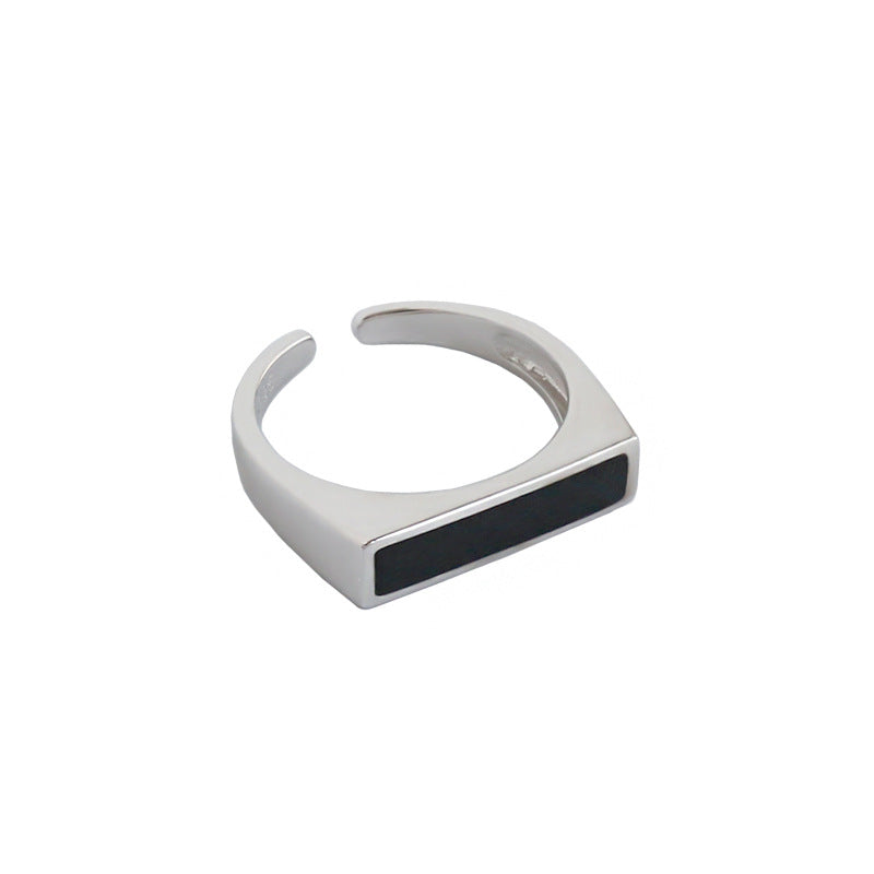 Lovcia Geometry Black Rectangle Silver Adjustable Ring-Rings-Rhodium-Rhodium
