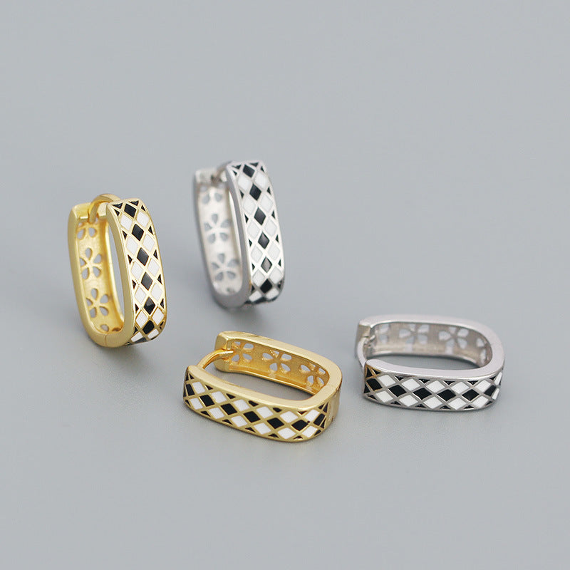 Lovcia Geometry Black White Chess Board Huggie Hoops-Earrings-Yellow Gold-Yellow Gold