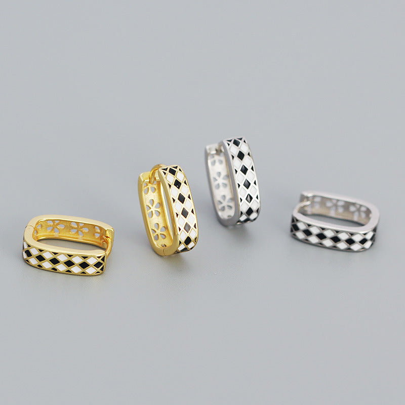 Lovcia Geometry Black White Chess Board Huggie Hoops-Earrings-Yellow Gold-Yellow Gold