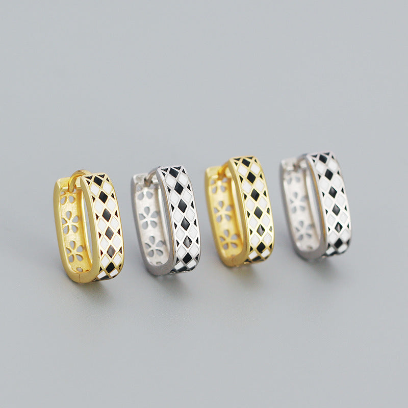 Lovcia Geometry Black White Chess Board Huggie Hoops-Earrings-Yellow Gold-Yellow Gold